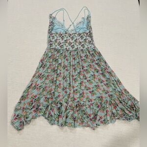 Free People (FP One) Sky Blue Floral Spaghetti Straps Adella Sundress Size Small